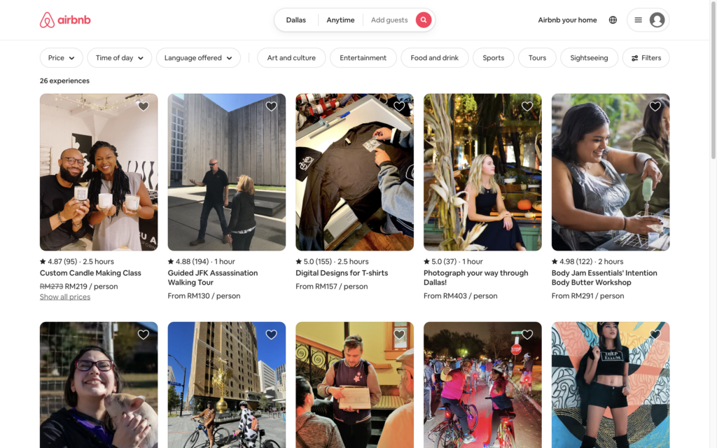 A screenshot from the Airbnb website showcasing various "experiences" available in Dallas.